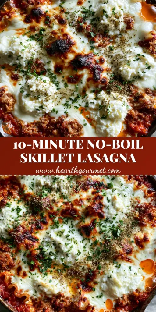 A top-down smartphone photo of an easy lasagna recipe in a cast iron skillet with bubbling mozzarella and charred spots.