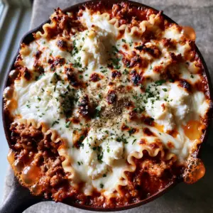 Close up of browned ground beef crumbles and wavy lasagna noodles in red sauce. (easy lasagna recipe)