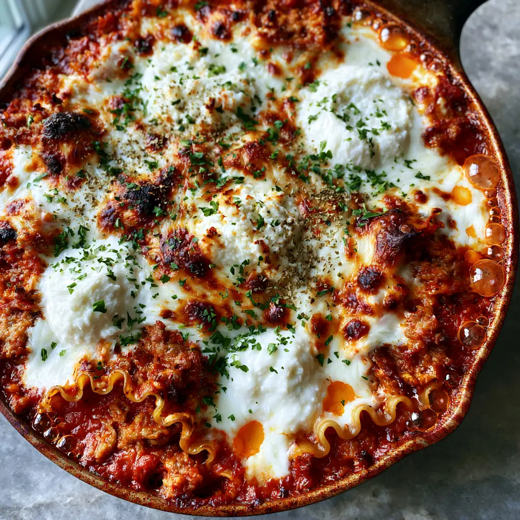 Melted mozzarella cheese with charred spots and creamy ricotta dollops on a lasagna.