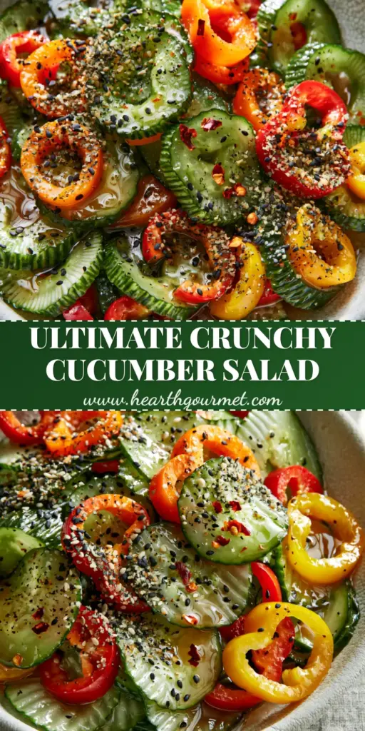 A tall Pinterest-style image showing a vibrant Cucumber Sweet Pepper Salad with everything bagel seasoning in a white bowl. (Cucumber Sweet Pepper Salad)