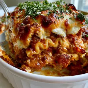 Extreme close-up of easy lasagna layers with wavy noodles, chunky bolognese sauce, and melted golden-brown mozzarella.