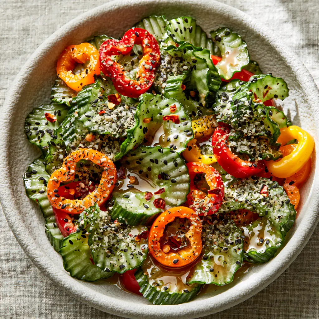 A close-up top-down view of ridged Persian cucumbers and bright mini sweet pepper rings in a glossy vinegar dressing. (Cucumber Sweet Pepper Salad)