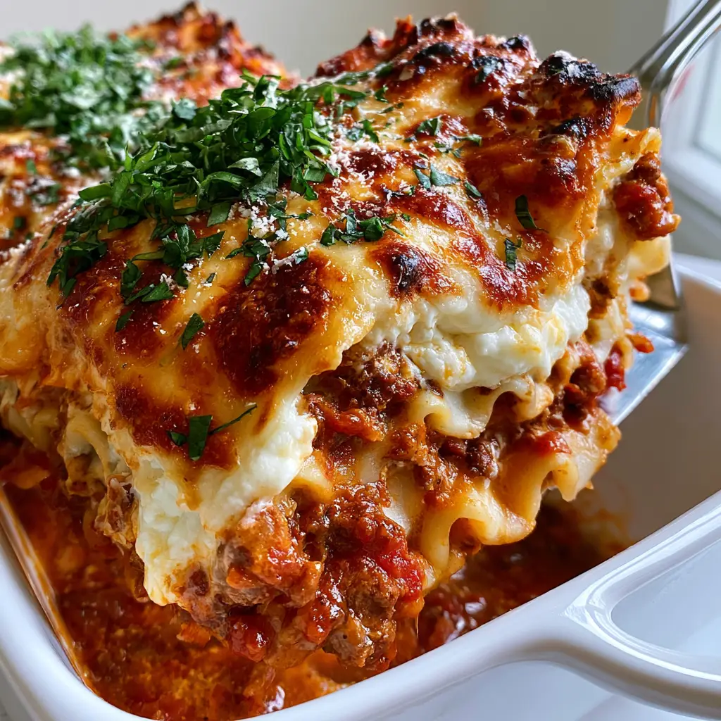 High-angle shot of a white ceramic dish containing easy lasagna with charred cheese edges and fresh green basil garnish.