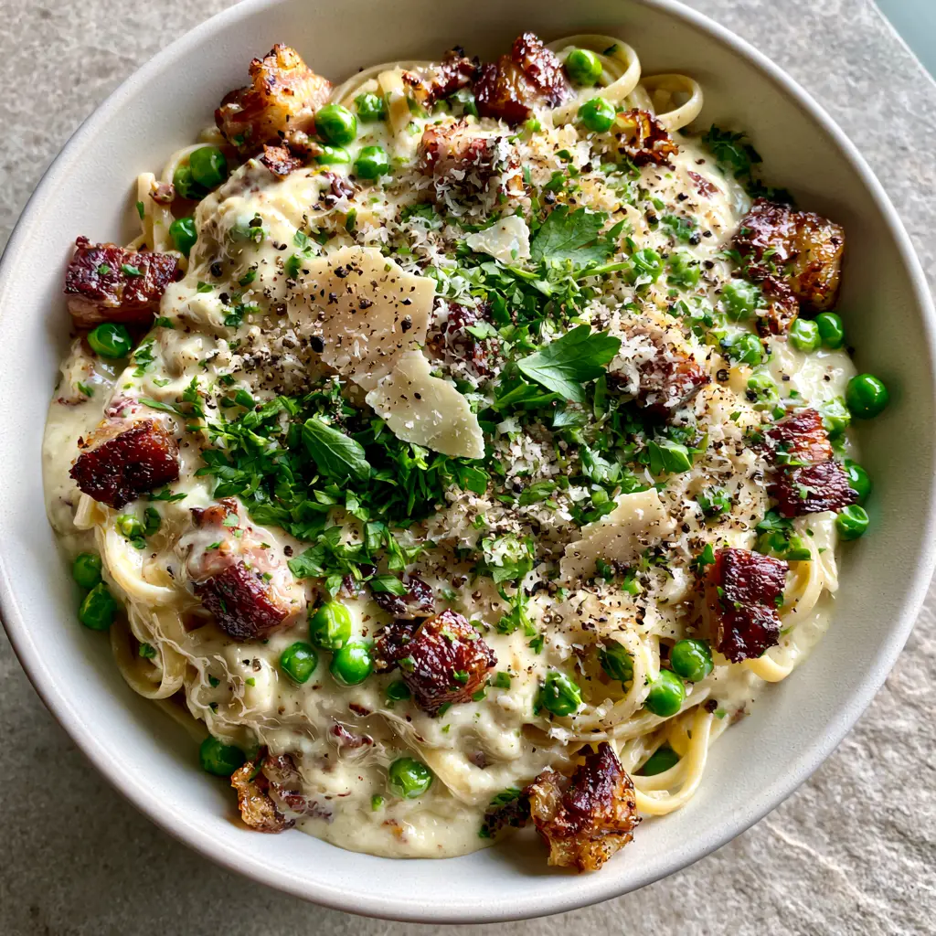 Creamy Pasta with Sweet Peas and Crispy Pancetta: The Ultimate Guide 1 Close up of micro-planed Parmesan cheese and cracked black pepper over emerald green sweet peas and pasta.