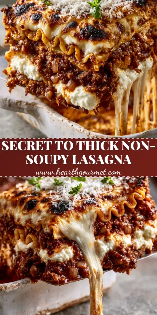 A side-profile close-up of a thick square slice of lasagna with ruffled edges and a long cheese pull from this homemade lasagna recipe.
