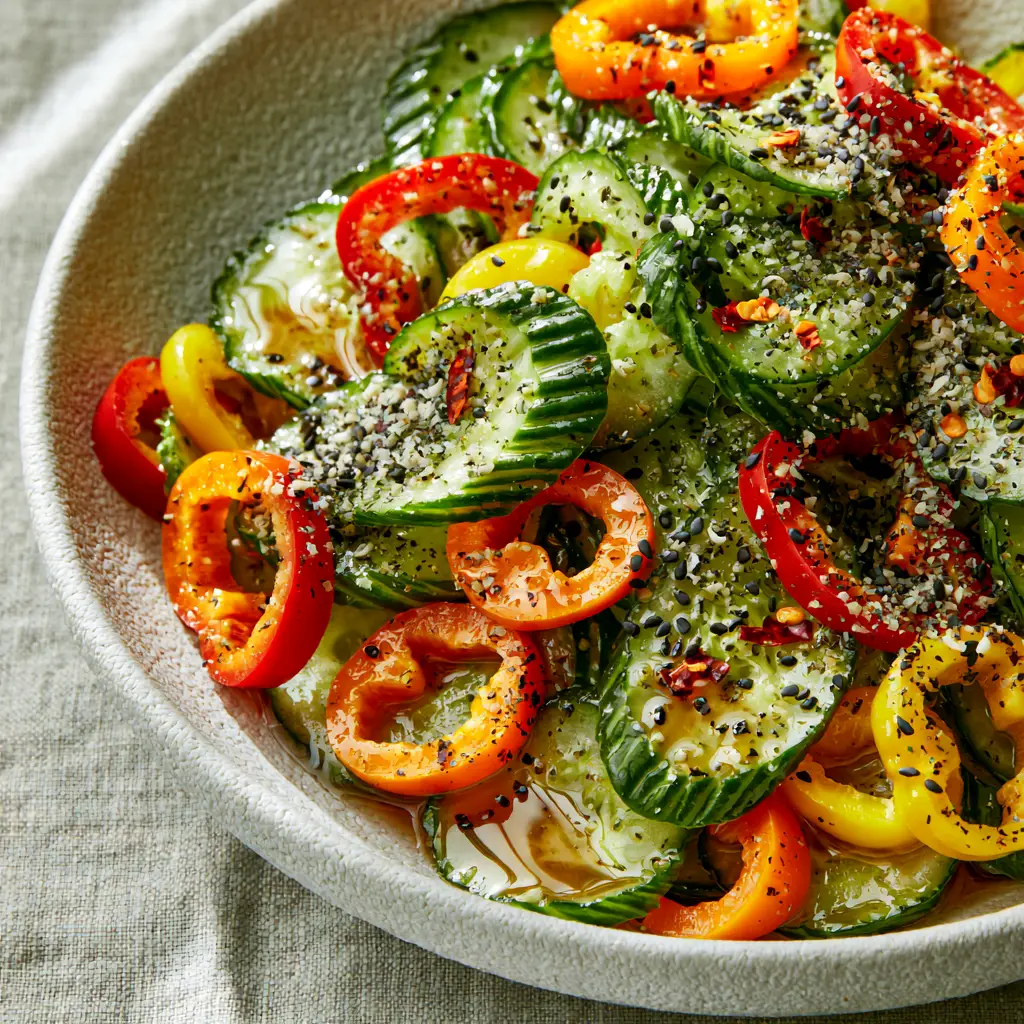 Detailed shot of everything bagel seasoning and black sesame seeds on a Cucumber Sweet Pepper Salad. (Cucumber Sweet Pepper Salad)