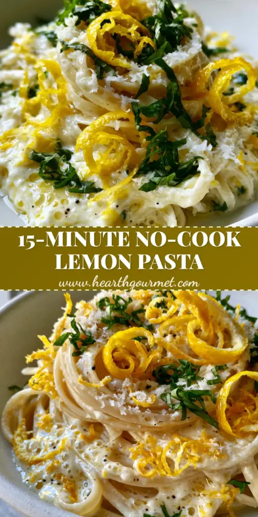 A tall vertical shot of Lemon Ricotta Pasta featuring twirls of linguine, bright lemon zest curls, and fresh basil chiffonade in a white ceramic bowl.