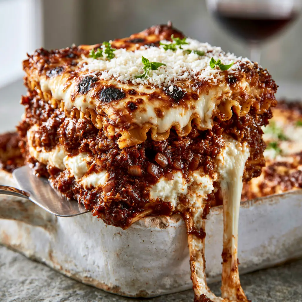 Close up of blistered mozzarella cheese and micro-grated parmesan on top of a homemade lasagna recipe slice.