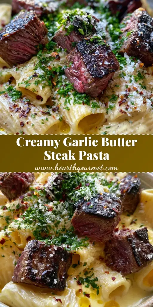 Beef With Pasta in Creamy Garlic Sauce: The Ultimate Steakhouse-Style Comfort 4 A rustic stoneware bowl overflowing with large rigatoni and dark-brown seared beef in a pale gold garlic cream sauce. (Beef With Pasta in Creamy Garlic Sauce)