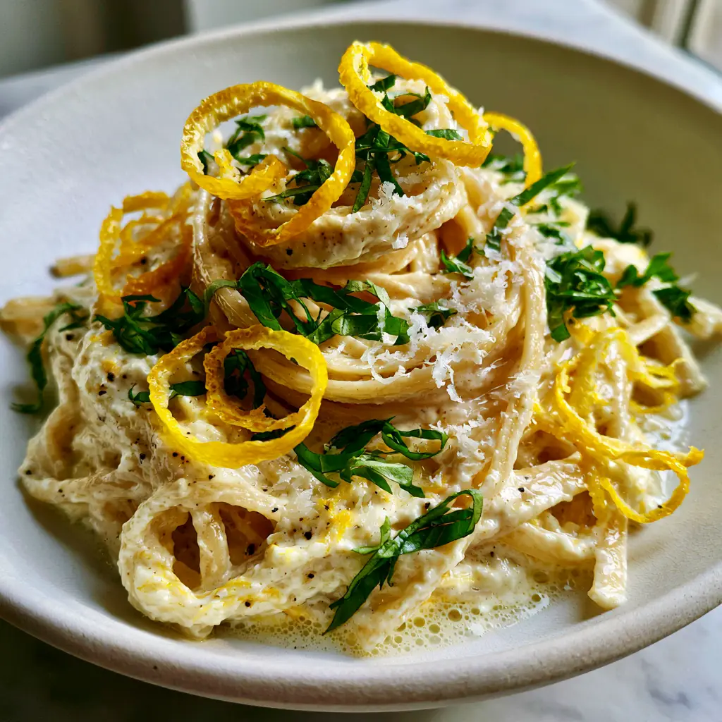 Extreme detail of Lemon Ricotta Pasta garnished with micro-planed parmesan and vibrant yellow lemon zest curls.