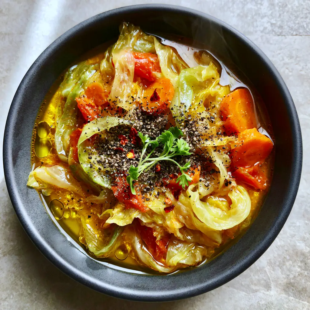 Detailed view of translucent emerald green savoy cabbage ribbons and fire-roasted tomatoes in Easy cabbage soup.