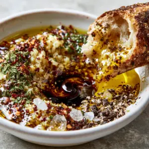 Extreme close-up of golden Bread dipping oil with a dark balsamic swirl and minced garlic flakes.