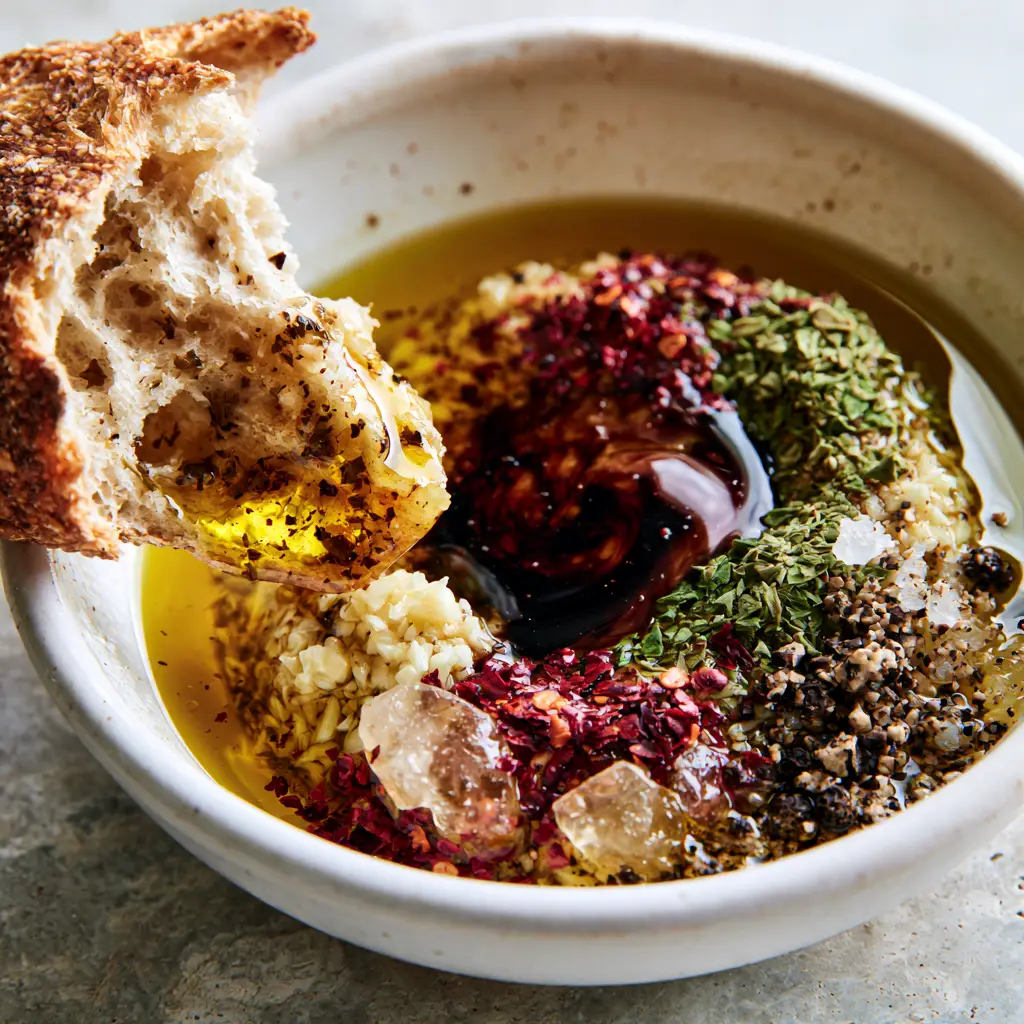 Torn sourdough bread dipping into a shallow bowl of herb-infused bread dipping oil.