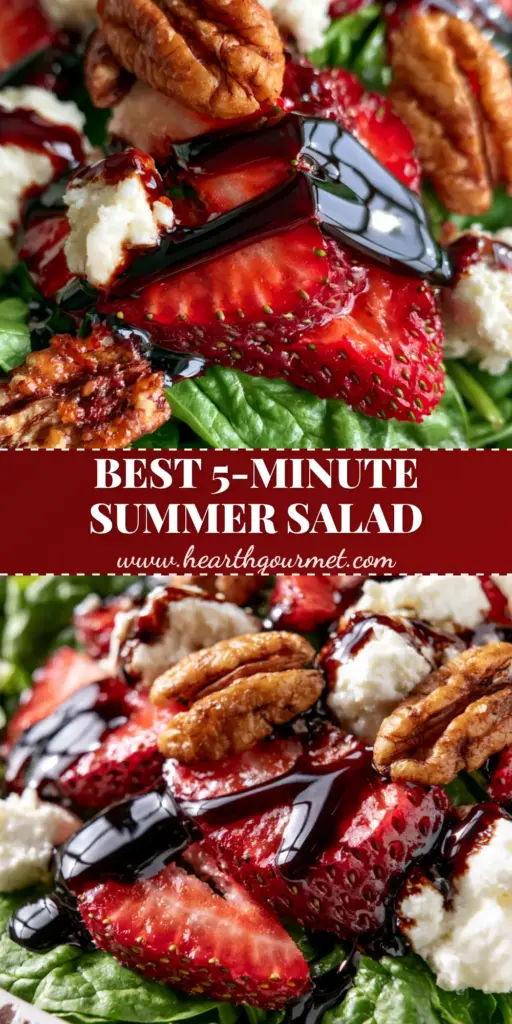 A vertical overhead shot of a gourmet spinach strawberry salad with balsamic glaze, pecans, and goat cheese.