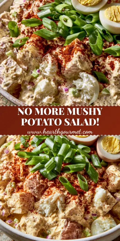 A close-up vertical shot of Southern potato salad in a white bowl with halved eggs and paprika dusting. (southern potato salad)