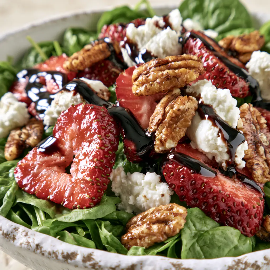 Extreme macro photography of a gourmet spinach strawberry salad showing glossy balsamic glaze and creamy goat cheese.