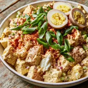 Extreme close-up of creamy pale-yellow southern potato salad with Yukon Gold cubes and scallions. (southern potato salad)