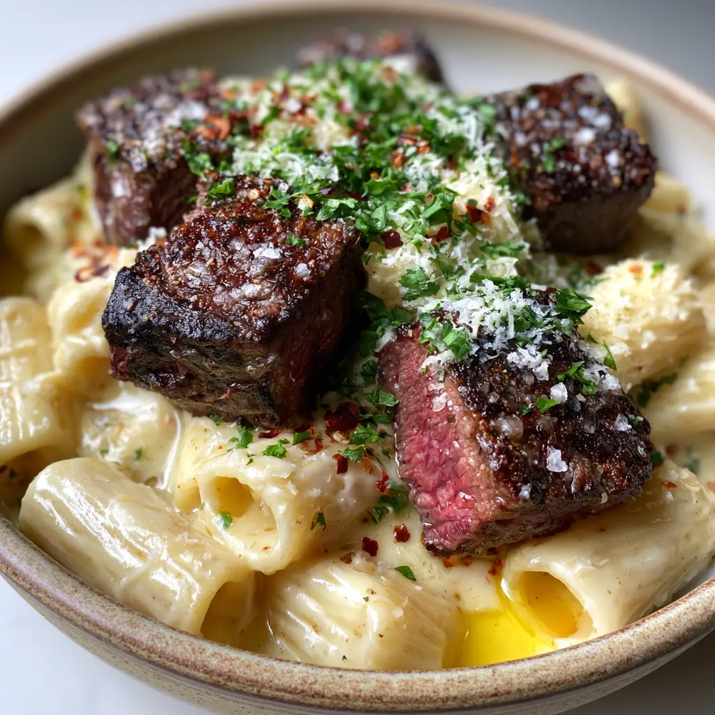 Beef With Pasta in Creamy Garlic Sauce: The Ultimate Steakhouse-Style Comfort 2 Close-up of seared beef cubes with pink medium-rare centers resting on creamy rigatoni pasta. (Beef With Pasta in Creamy Garlic Sauce)