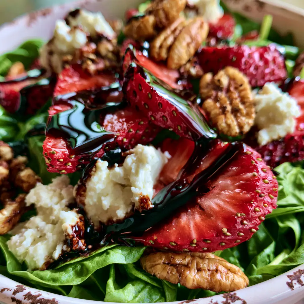 Close-up of toasted pecans and sliced strawberries on a bed of baby spinach.