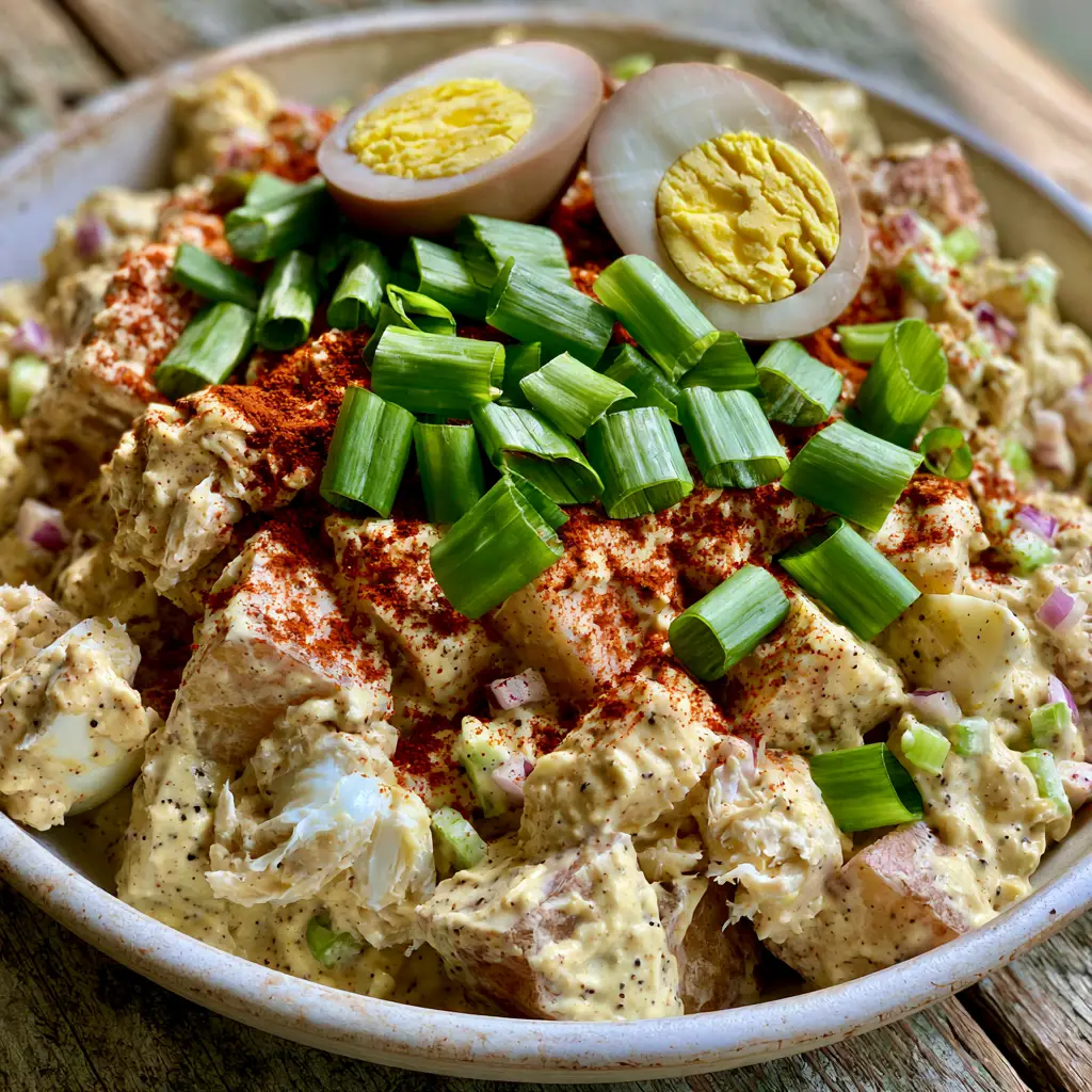 A 45-degree angle shot of a rustic bowl filled with potato salad topped with hard-boiled egg halves.