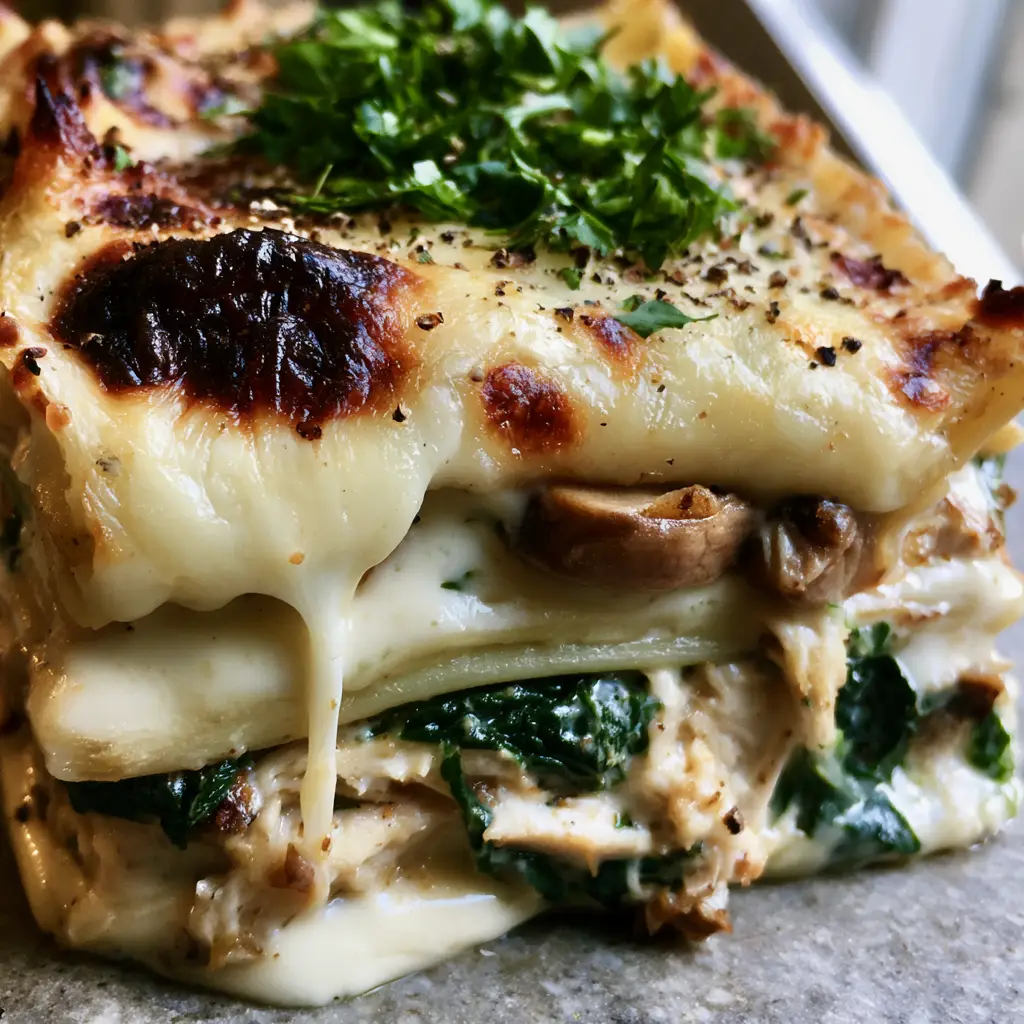 Macro view of tender lasagna noodles and chunky rotisserie chicken in white sauce.