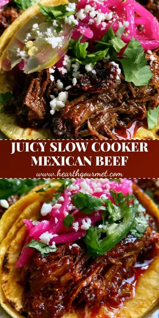 A vertical photo of three Chuck roast tacos overflowing with shredded beef, topped with neon-pink pickled onions, cilantro, and cotija cheese on charred corn tortillas.