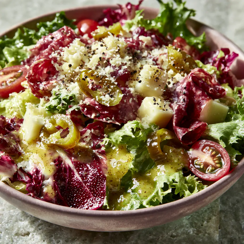 Macro shot of Italian salad featuring moisture beads on romaine, halved cherry tomatoes, and viscous golden vinaigrette.