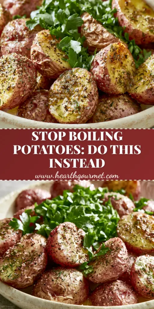 A tall Pinterest-style graphic showing halved baby red potatoes with golden butter, ranch seasoning, and fresh parsley garnish. (slow cooker herb ranch potatoes)