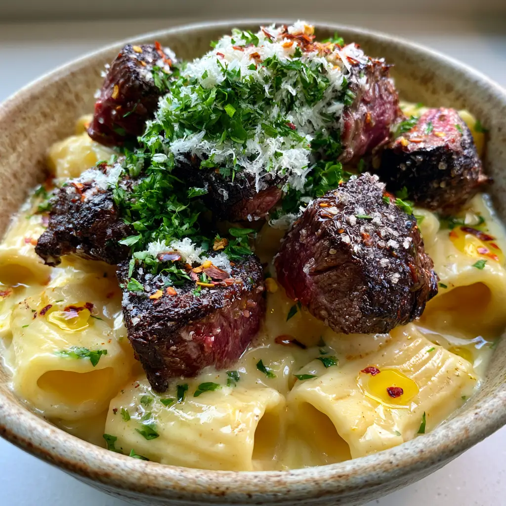 Beef With Pasta in Creamy Garlic Sauce: The Ultimate Steakhouse-Style Comfort 1 A top-down view of the pasta dish showing the dusting of parmesan snow and fresh parsley garnishes.