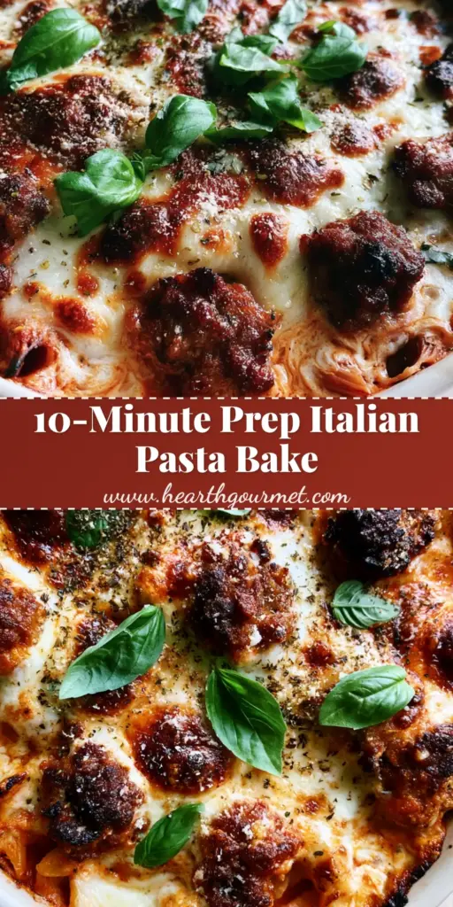 A bubbling Rustic Italian bake in a white ceramic dish with melted mozzarella, seared sausage, and fresh basil.