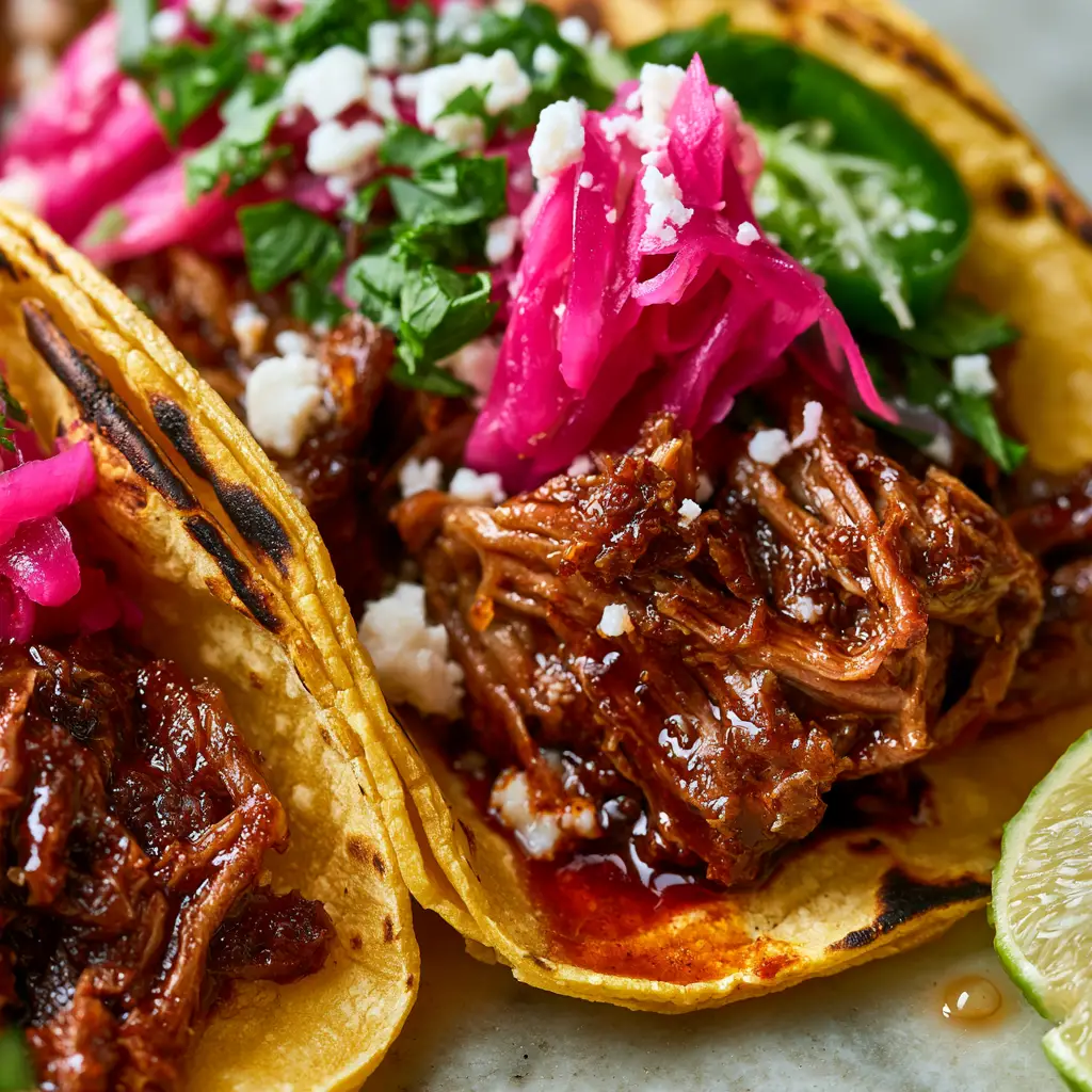 Close-up of shredded beef tacos with crispy caramelized edges, topped with serrano peppers and lime droplets.