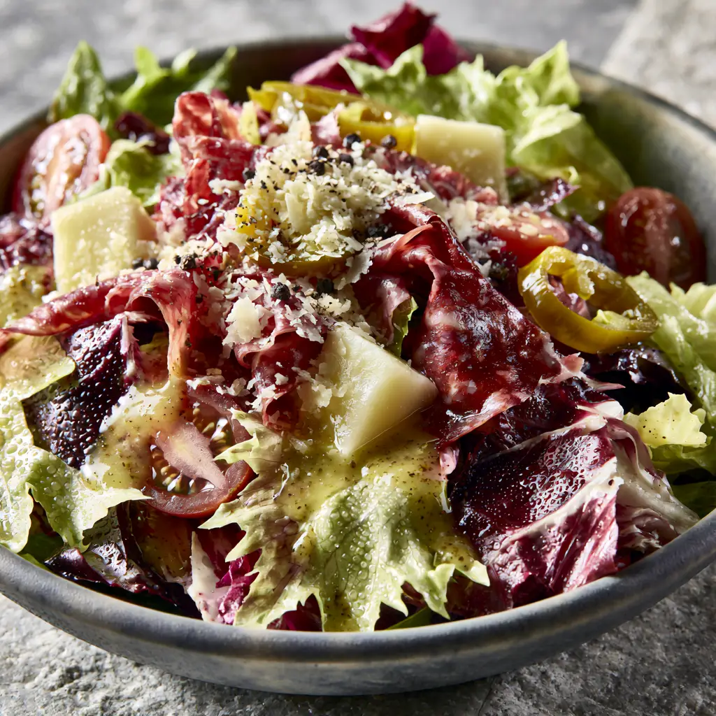 A 45-degree angle shot of a chopped Italian salad showing salami ribbons, provolone cubes, and micro-planed parmesan garnish.
