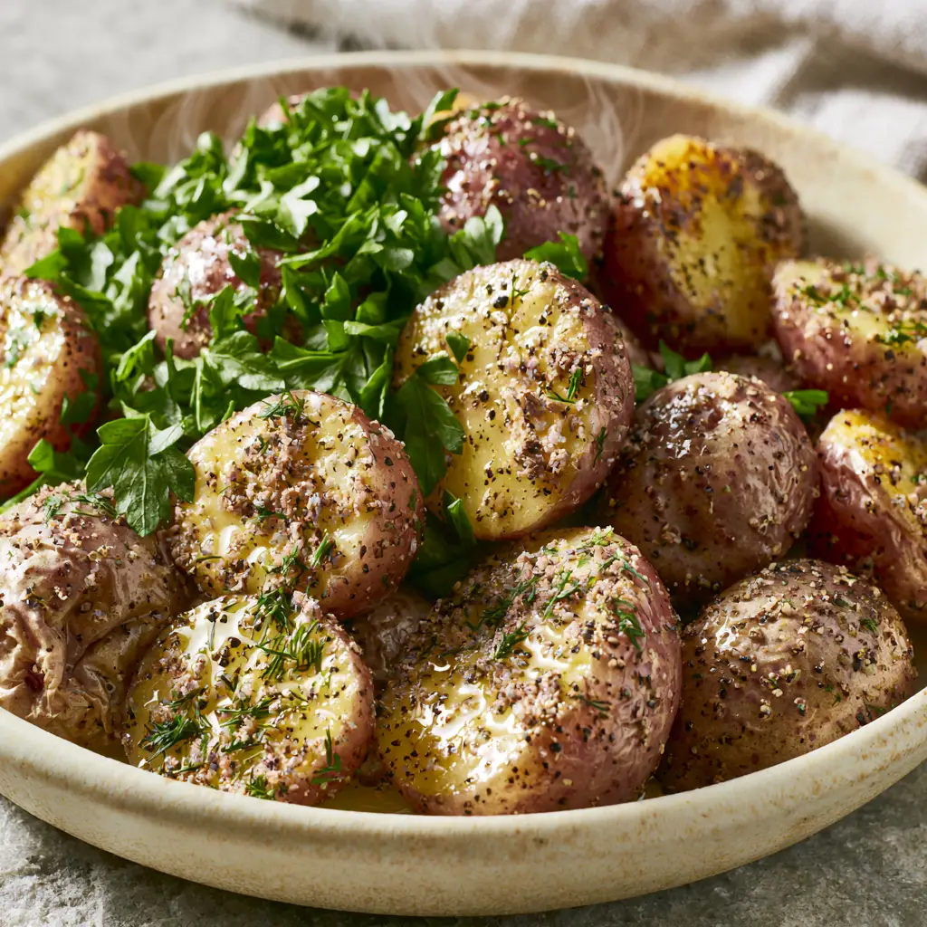 45-degree angle shot of herb ranch potatoes in a rustic cream bowl with wisps of steam.