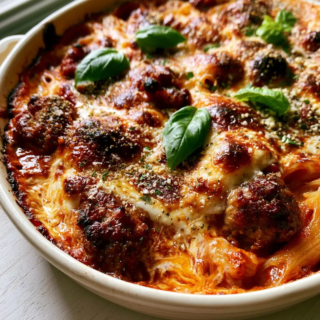 Overhead shot showing the heavy cream ribbons and chunky marinara sauce in a Rustic Italian bake.