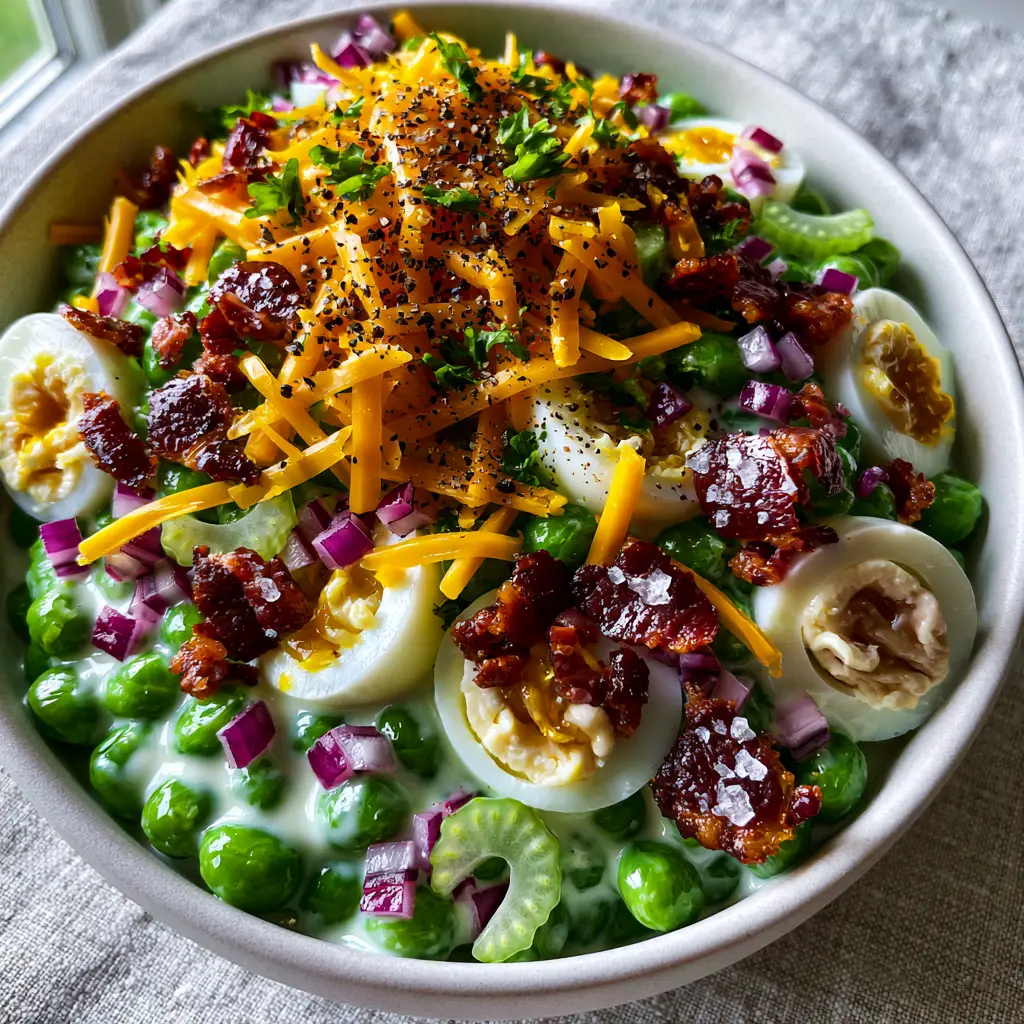 Macro view of bright emerald sweet peas and shredded orange cheddar in a creamy cold Southern pea salad.
