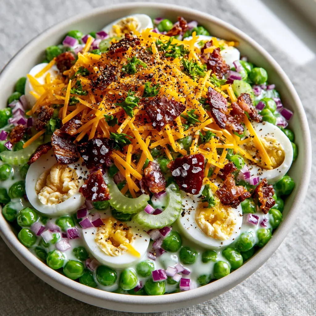 Close up of quartered jammy eggs and crispy bacon bits atop a cold Southern pea salad.
