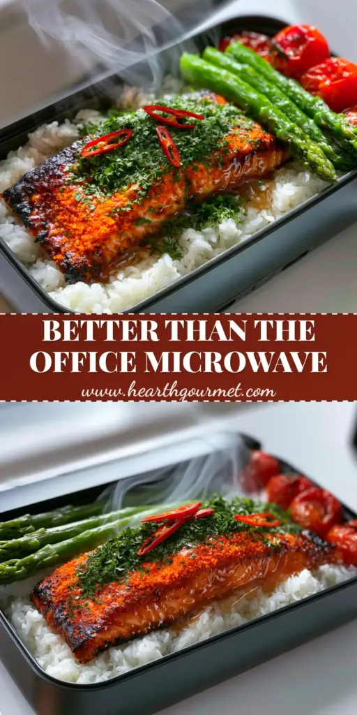 A top-down view of a charcoal-colored portable lunch warmer containing glazed salmon, jasmine rice, and blistered tomatoes on a white desk.