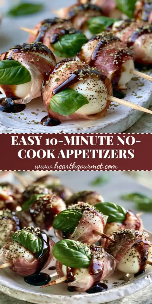 A gourmet arrangement of Italian appetizers featuring prosciutto-wrapped mozzarella skewers with basil and balsamic glaze on a white platter.