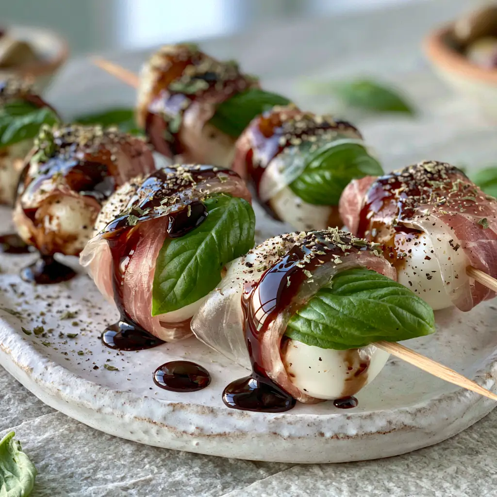Italian appetizers drizzled with thick syrupy balsamic glaze and cracked black pepper.