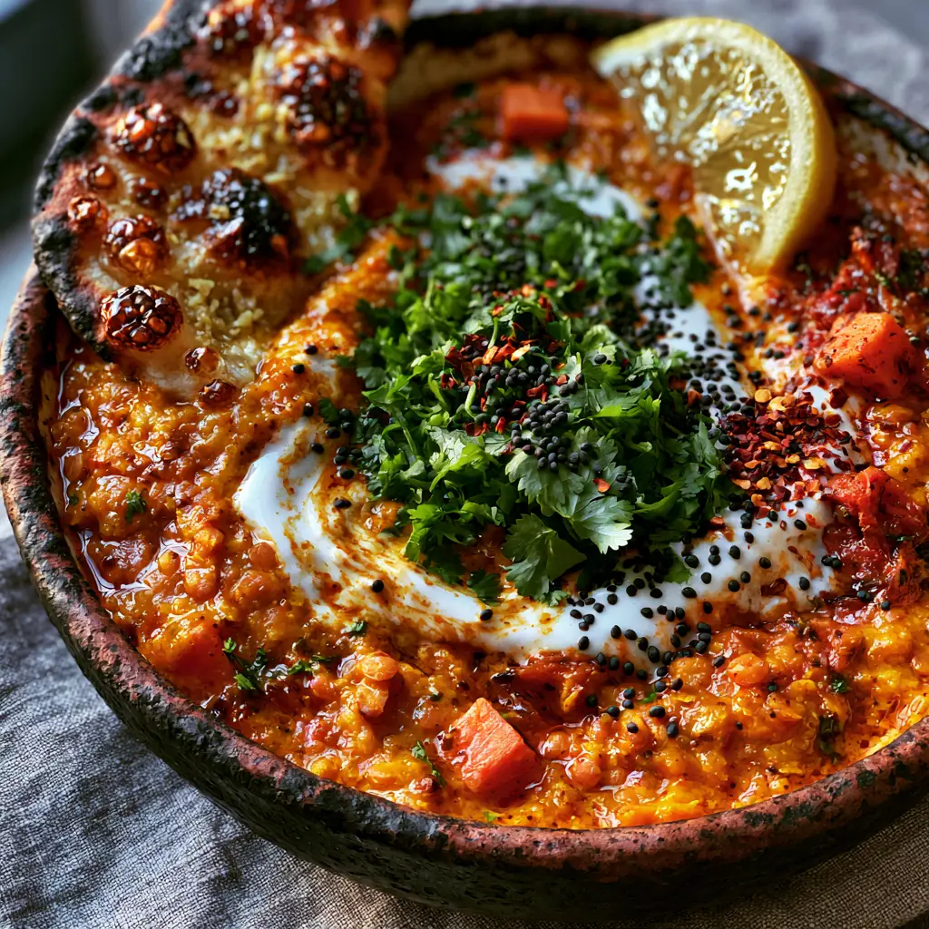 A top-down view of the lentil stew showing the contrast between the green cilantro, red chili flakes, and the creamy white coconut swirl.