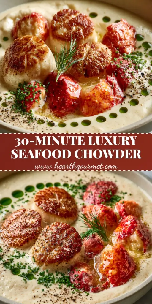 A shallow matte ceramic bowl of Lobster and Scallop Chowder topped with golden seared scallops, butter-poached lobster, and vibrant green chive oil droplets.