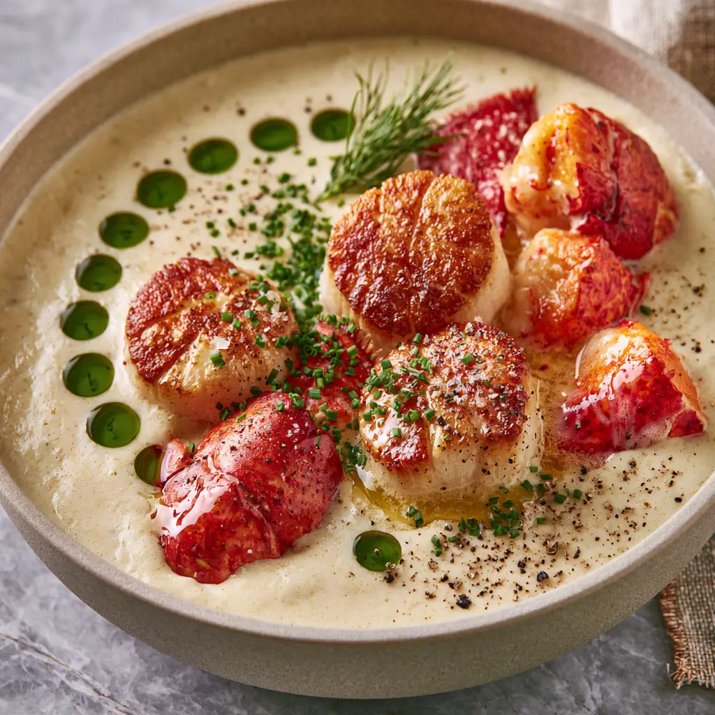 Creamy lobster and scallop chowder garnished with vibrant green chive oil and cracked black pepper on a marble countertop.