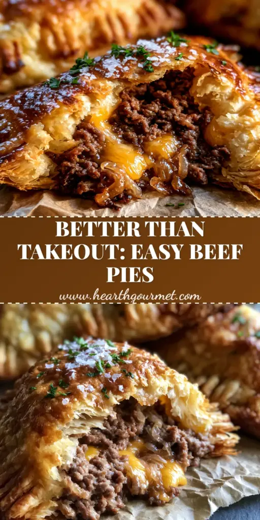 Ground Beef Hand Pies with Flaky Puff Pastry and Melted Cheddar 3 A close-up of golden ground beef hand pies on parchment paper, one torn open to reveal steaming beef and melted cheese.
