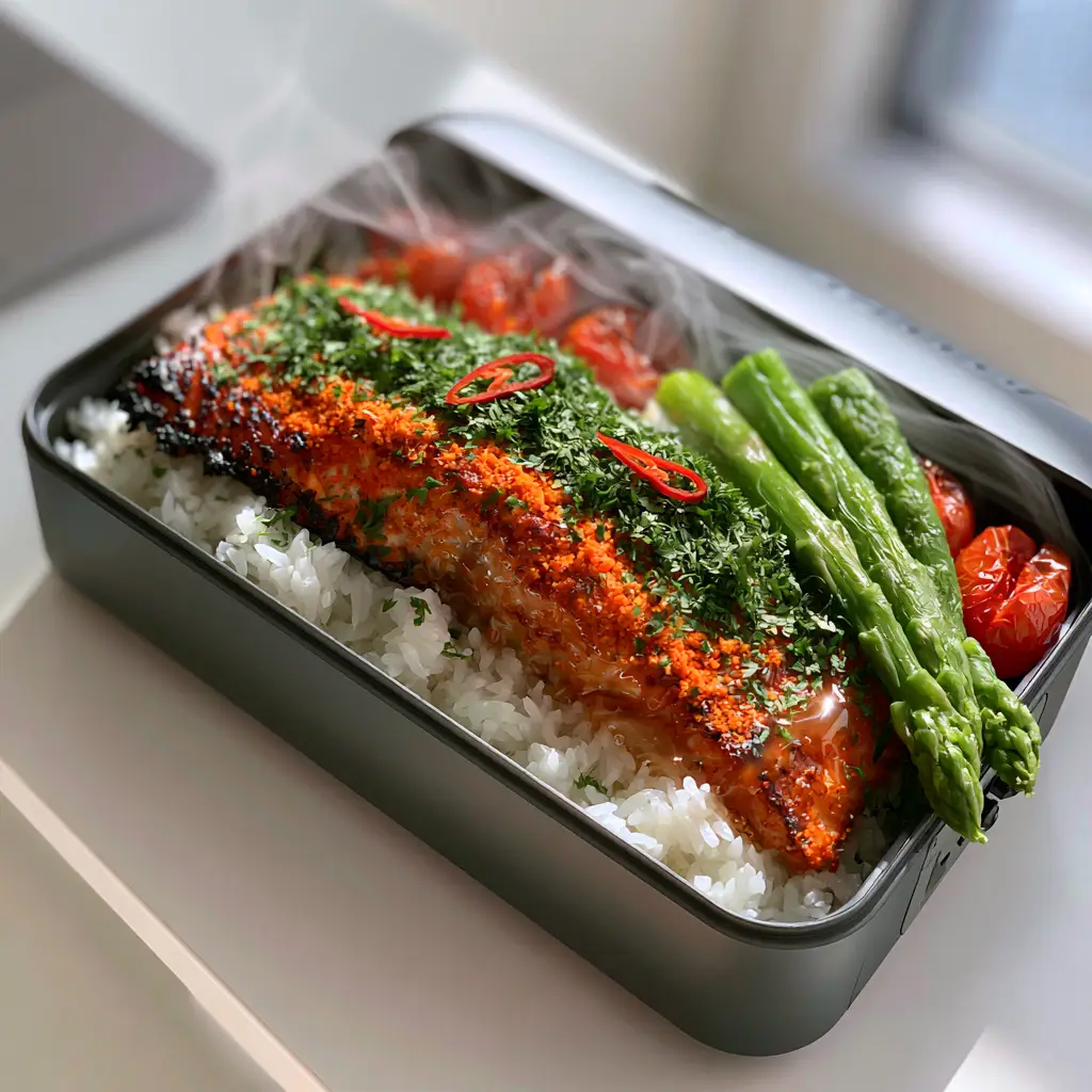 A handheld smartphone photo showing a sleek matte-charcoal portable lunch warmer with honey-glaze salmon and red Fresno chilis.