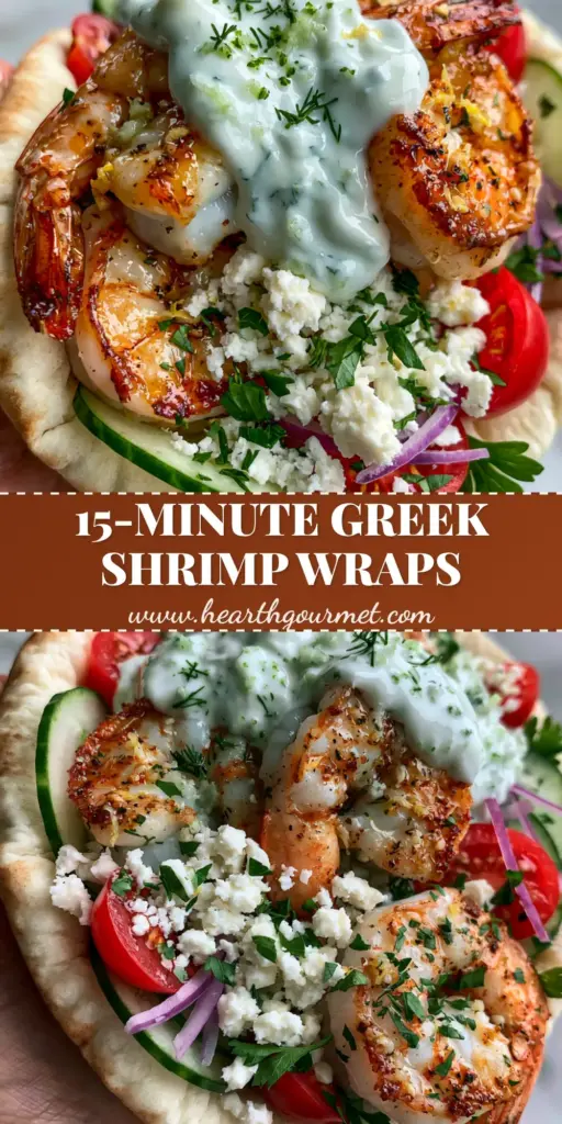 A hand holding a Mediterranean Shrimp Pita Wrap stuffed with seared garlic shrimp, thick tzatziki, tomatoes, and cucumbers.