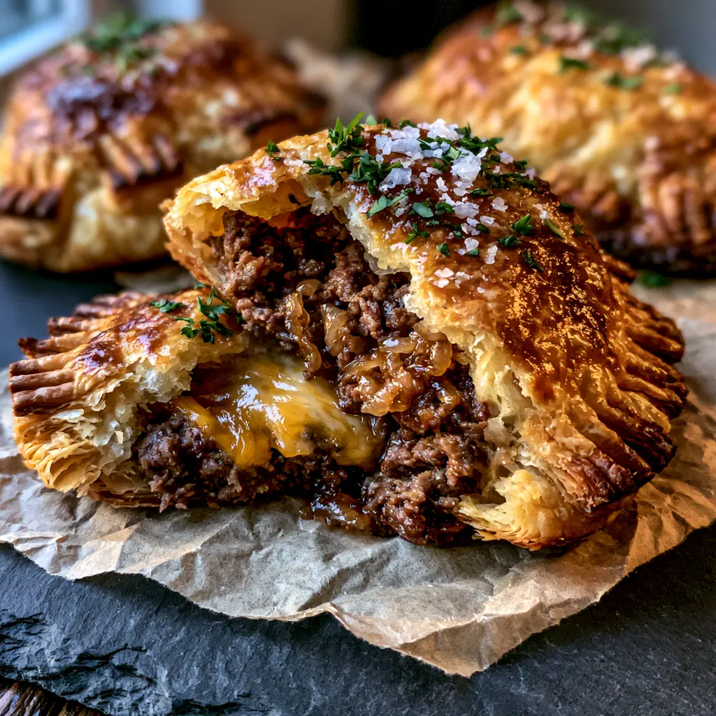 Ground Beef Hand Pies with Flaky Puff Pastry and Melted Cheddar 2 Smartphone photo of a ground beef hand pie being held, showing the juicy meat and cheese filling interior.