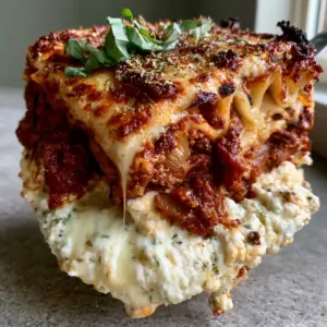 Extreme close-up of a tall slice of lasagna with thick meat sauce and ricotta layers. (cheesy lasagna recipe)