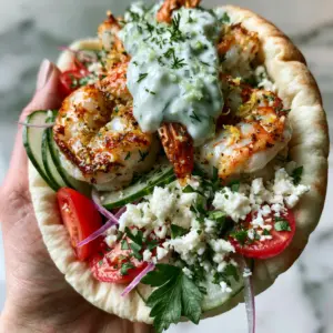 Close up of succulent Mediterranean Shrimp Pita Wraps showing golden-brown seared shrimp and creamy tzatziki sauce.