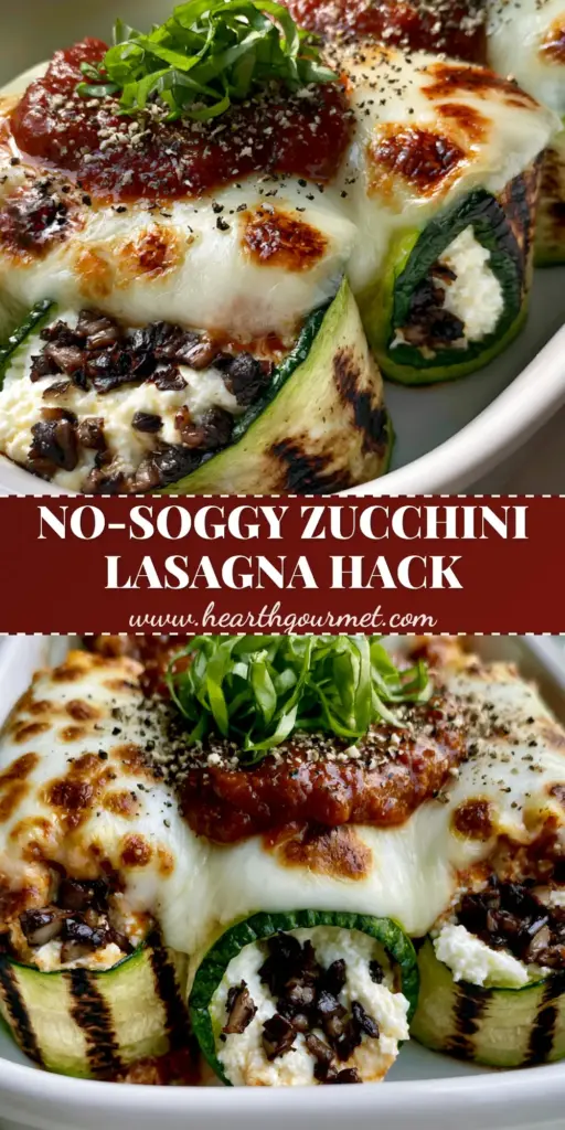 Three upright Mushroom Zucchini Lasagna Rolls in a white ceramic dish with dark char marks, melted bubbly mozzarella, and fresh basil chiffonade.