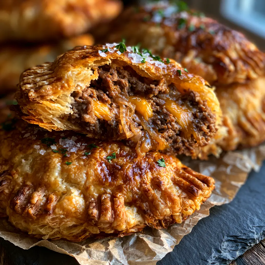 Ground Beef Hand Pies with Flaky Puff Pastry and Melted Cheddar 1 Top view of several ground beef hand pies with glossy egg wash glaze and fresh parsley garnish.